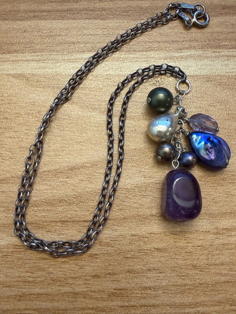 Amethyst and Iridescent Pearl cluster sterling silver Necklace